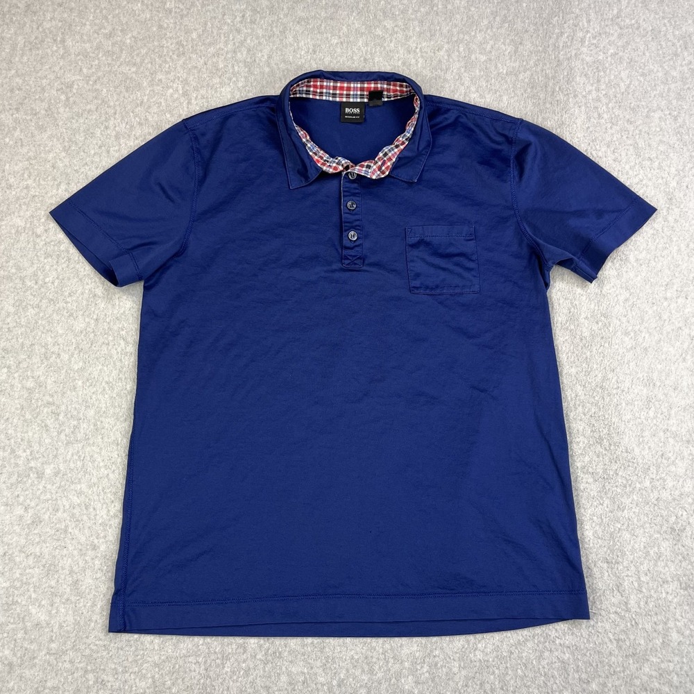 Hugo Boss Polo Shirt Mens Large Blue Plaid Regular Fit Golf Preppy Short Sleeve